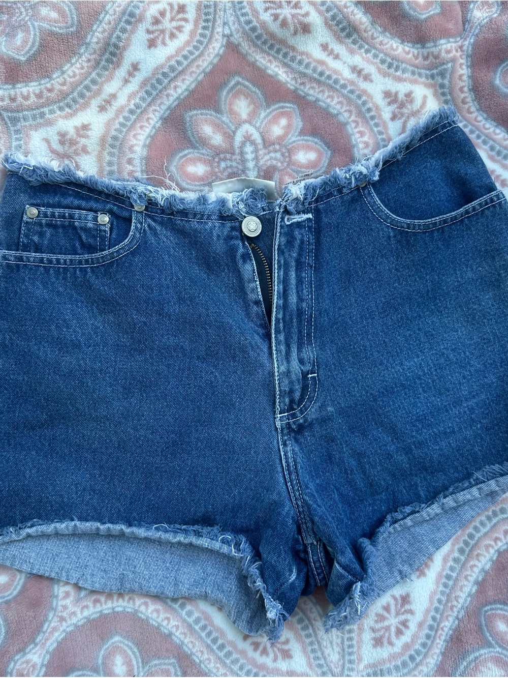 Nick and Sarah Frayed Hem Denim Shorts in Blue